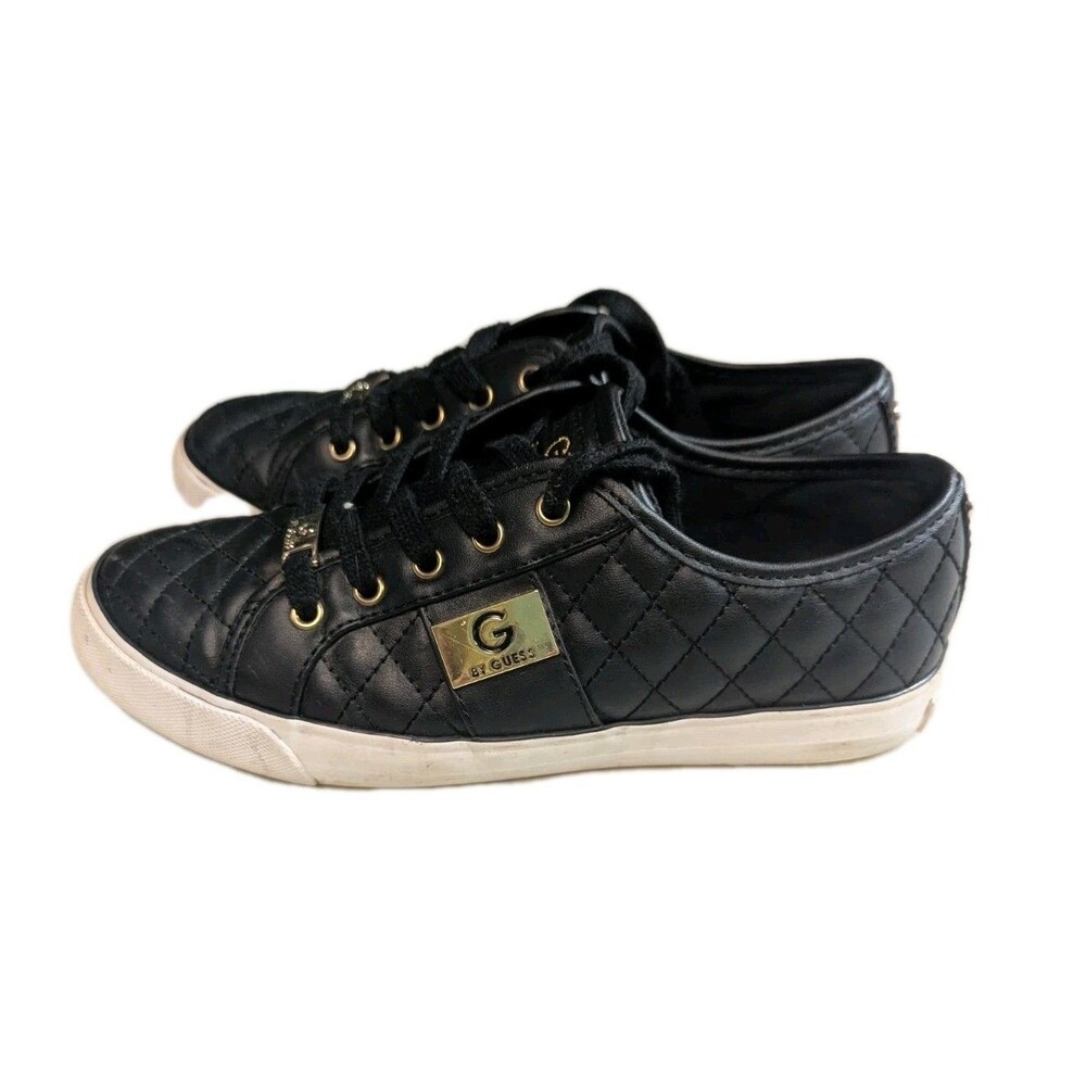 G by GUESS Backer Black Quilted Sneakers Gold Hardware Faux Leather Low Top 7M - Picture 3 of 13